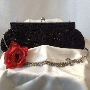 Kate Landry black beaded evening clutch